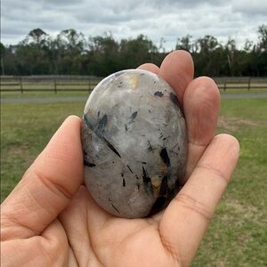 Polished Black Tourmaline in Quartz Palm Stone - Gray & Black